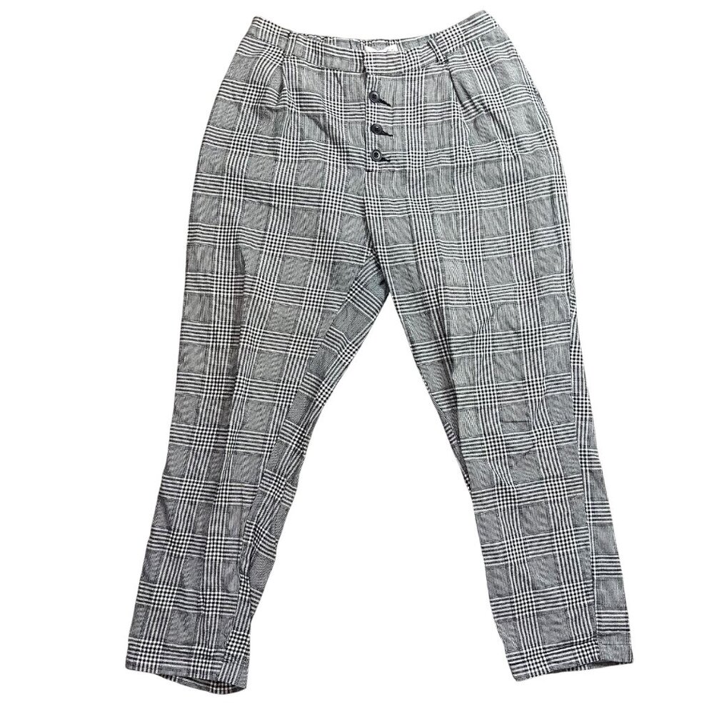 MANGO High Rise Pants Women's Size Medium 100% Cotton Ankle Black‎ White Plaid